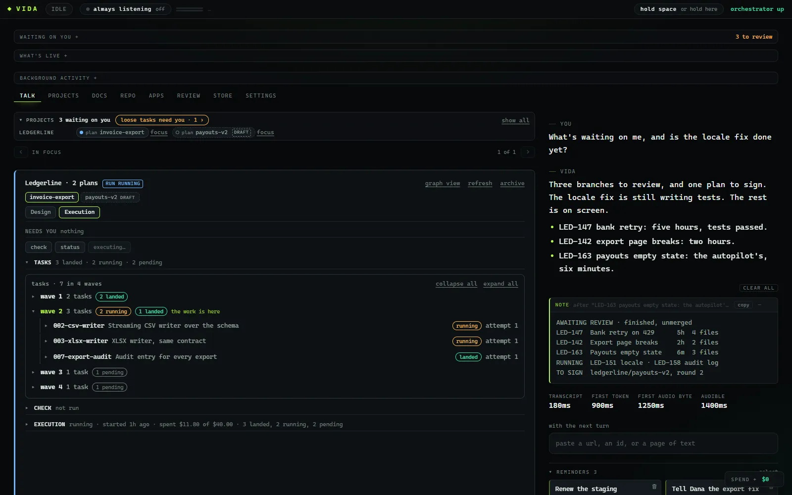 A SynthKit plan card: signed, executing, with its tasks grouped into four dependency waves