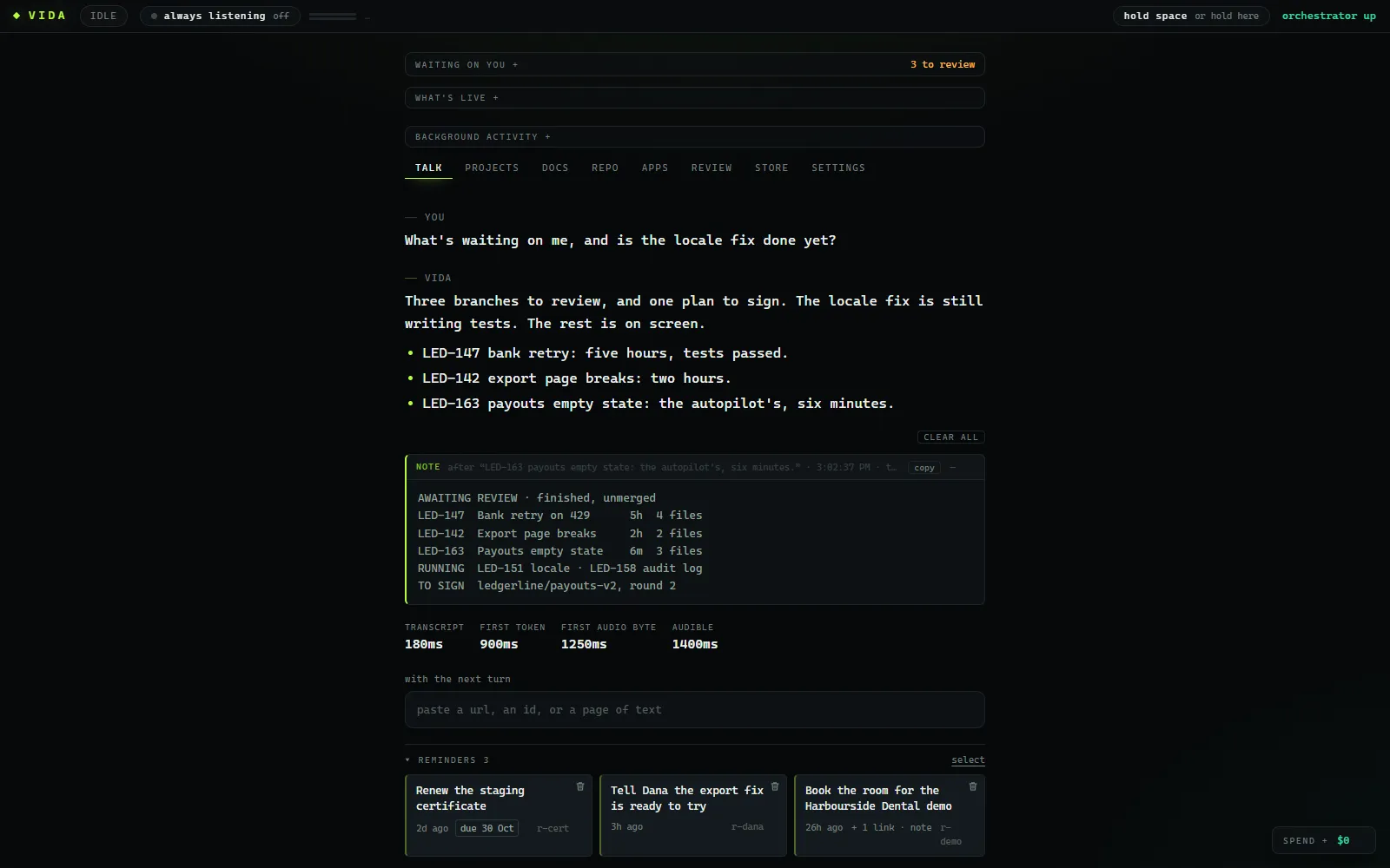 The VIDA HUD talk view: a spoken question, a two-sentence spoken reply, and an aside listing three tasks on screen