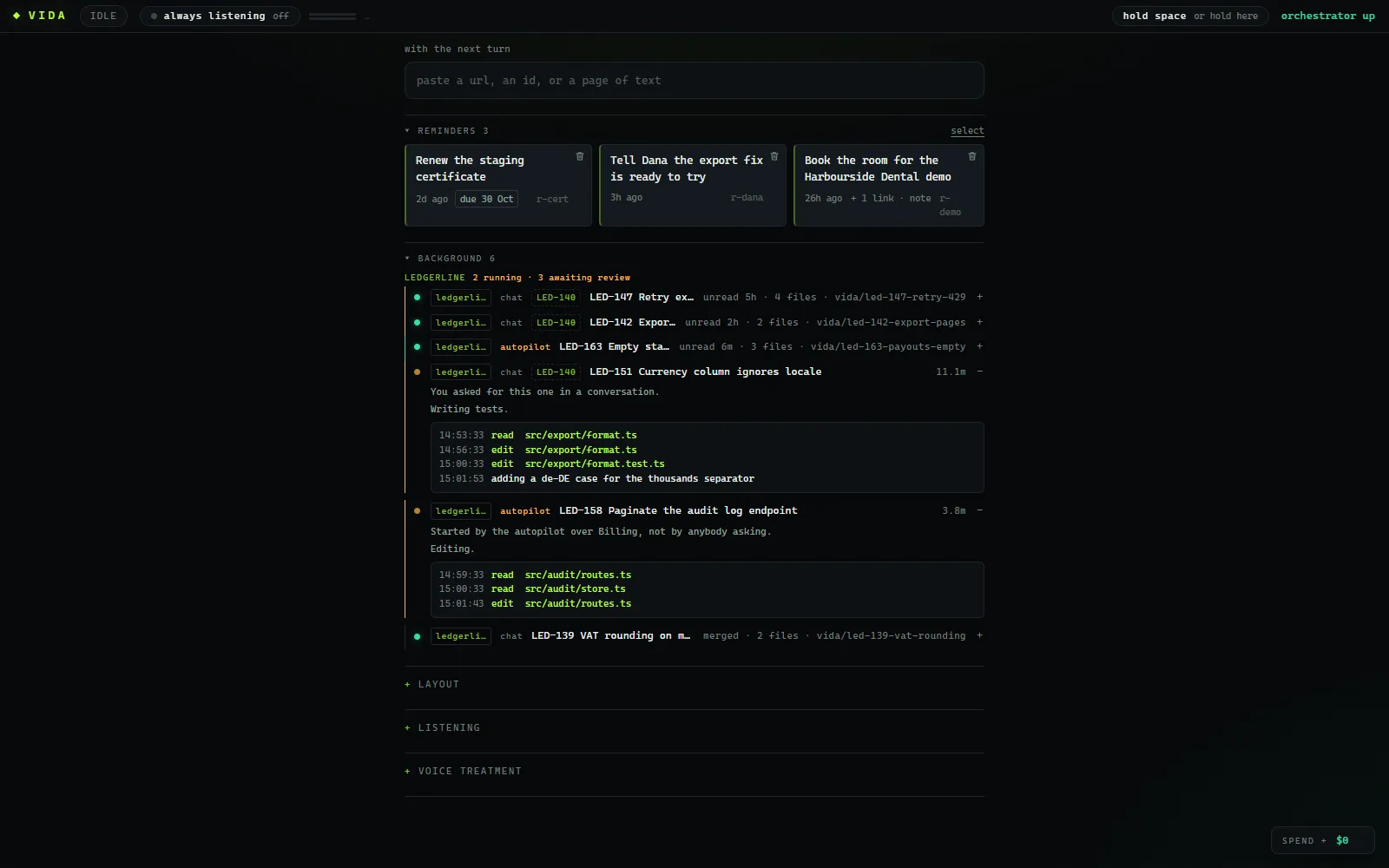 The background panel: three tasks under a needs-review heading, two running with a live feed of what each agent is doing